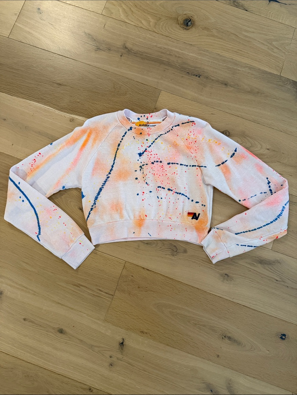 Aviator Nation White Cropped Crewneck Sweatshirt with Orange and Blue Splash